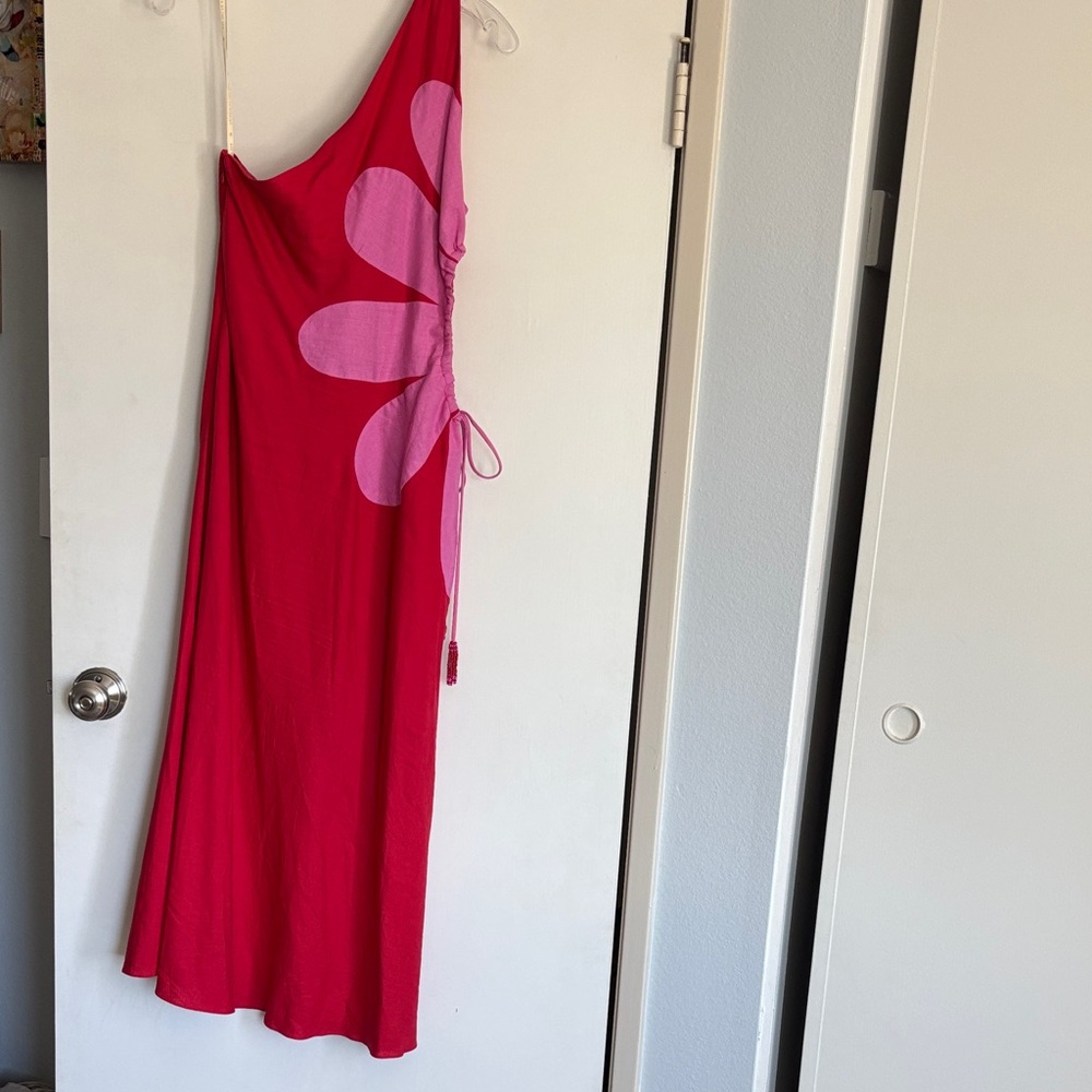 FARM Rio Red One-Shoulder Dress with Pink Floral Design